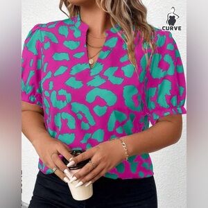 Plus Size
Women Summer Leopard
Print Notched V-Neck
Loose Bubble Sleeve
Blouse